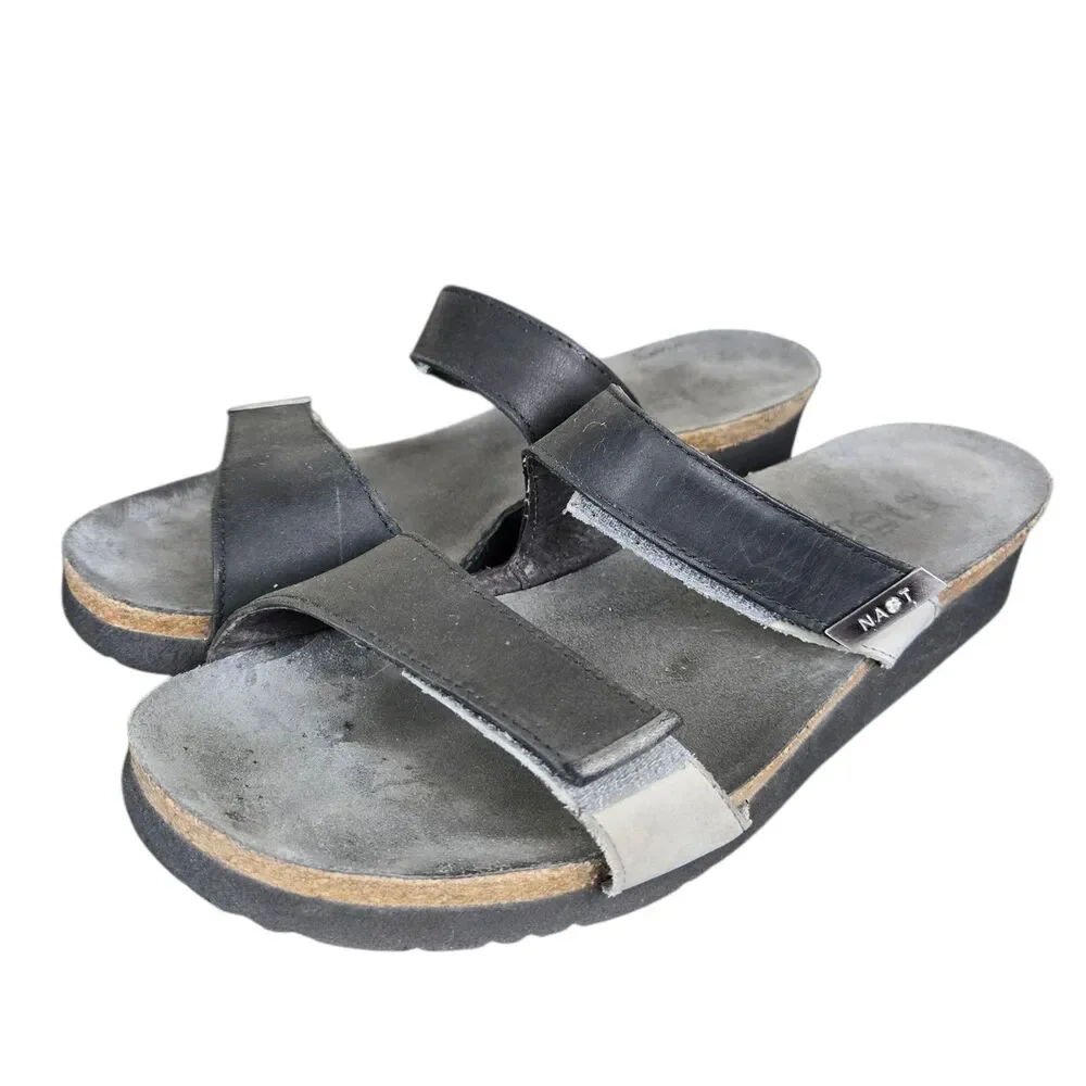 Naot Jacey Wedge Sandals Sz 40 US 9 Wide Black Gray Straps Two Tone Comfort